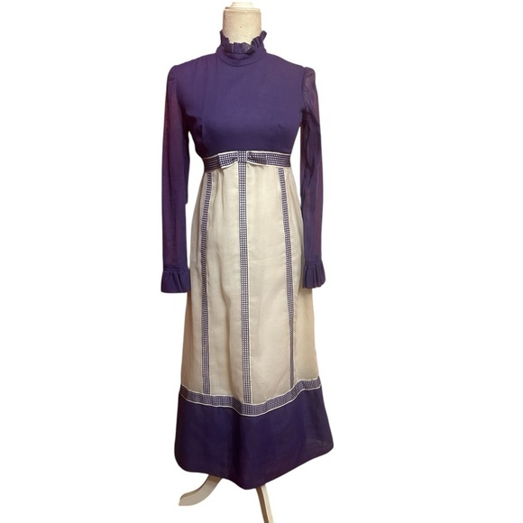 Vintage 70s Handmade Cottagecore Bohemian Purple and Cream Prairie Dress Sz S - Picture 3 of 9